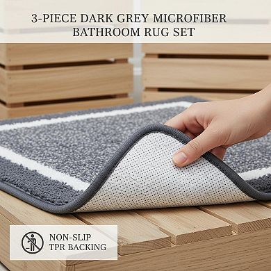 3 Piece Microfiber Shaggy Bathroom Rug Set Non Slip Absorbent Ultra Soft With U-shaped Toilet Mat