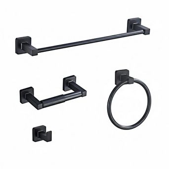 Matte Black 4 pc Bathroom Hardware Set Stainless Steel Towel Bar Towel Ring Toilet Paper Holder