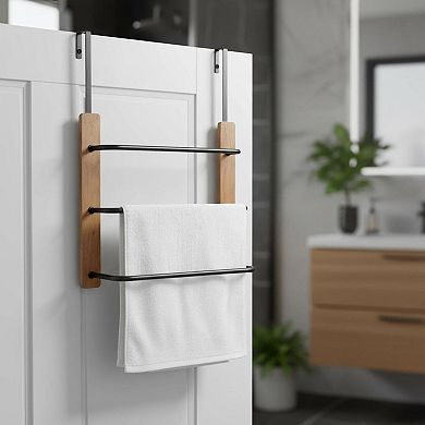 Over The Door 3 Tier Towel Rack Rustic Wood Metal Bathroom Storage