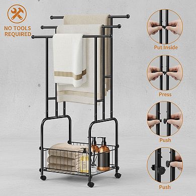 Freestanding 3-Tier Towel Rack with Wheels Basket Indoor Outdoor Multi-Use