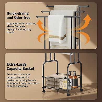 Freestanding 3-Tier Towel Rack with Wheels Basket Indoor Outdoor Multi-Use