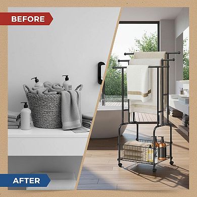 Freestanding 3-Tier Towel Rack with Wheels Basket Indoor Outdoor Multi-Use