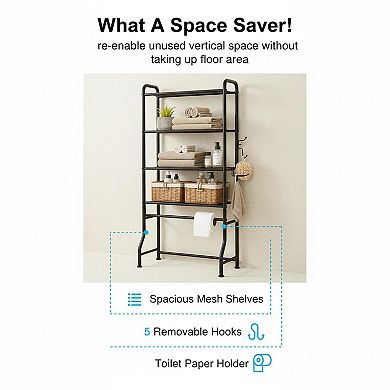 Over Toilet Storage Rack 3 Tier Metal Bathroom Organizer Shelf with Paper Holder Hooks
