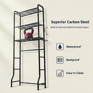 Over Toilet Storage Rack 3 Tier Metal Bathroom Organizer Shelf with Paper Holder Hooks