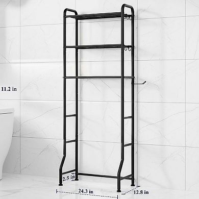 Over Toilet Storage Rack 3 Tier Metal Bathroom Organizer Shelf with Paper Holder Hooks