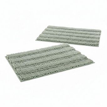 Sage Bathroom Rugs 2 pc Set Extra Thick Chenille Striped Non Skid Absorbent Floor Mats