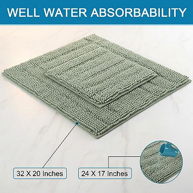 Sage Bathroom Rugs 2 Piece Set Extra Thick Chenille Striped Non Skid Absorbent Floor Mats