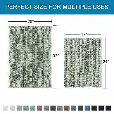 Sage Bathroom Rugs 2 Piece Set Extra Thick Chenille Striped Non Skid Absorbent Floor Mats