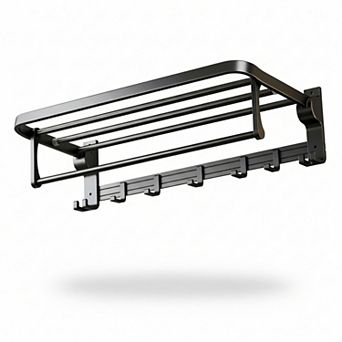 Foldable Towel Rack Rustproof Wall Mount Storage Hooks Matte Black