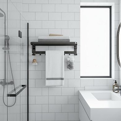 Foldable Towel Rack Rustproof Wall Mount Storage Hooks Matte Black