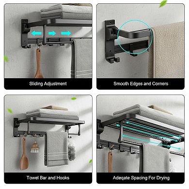 Foldable Towel Rack Rustproof Wall Mount Storage Hooks Matte Black
