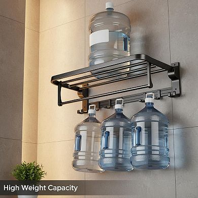 Foldable Towel Rack Rustproof Wall Mount Storage Hooks Matte Black