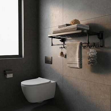 Foldable Towel Rack Rustproof Wall Mount Storage Hooks Matte Black
