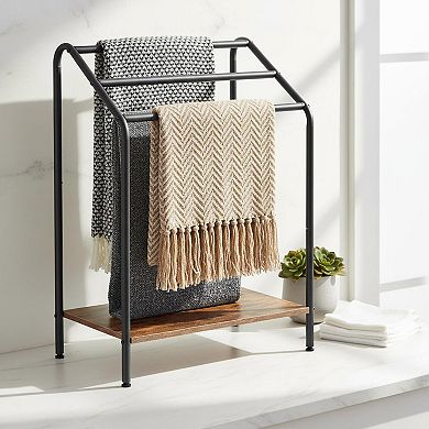Freestanding 3 Tier Towel Blanket Rack Rustic Brown Black