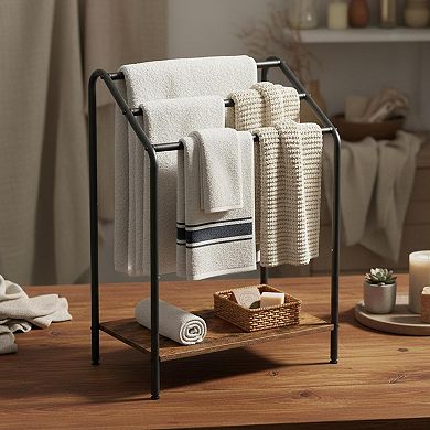 Freestanding 3 Tier Towel Blanket Rack Rustic Brown Black