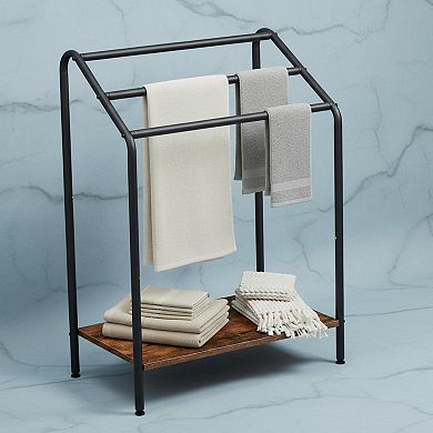 Freestanding 3 Tier Towel Blanket Rack Rustic Brown Black