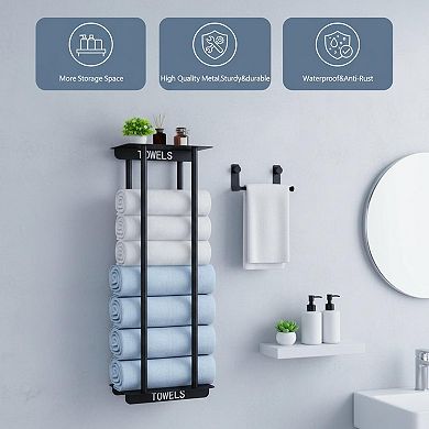Bathroom Towel Storage Rack Wall Mounted with Shelf Metal Large Capacity