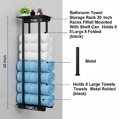 Bathroom Towel Storage Rack Wall Mounted with Shelf Metal Large Capacity