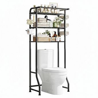 Over The Toilet Storage Cabinet 3 tier Metal Bathroom Shelf Organizer With Paper Holder Hooks