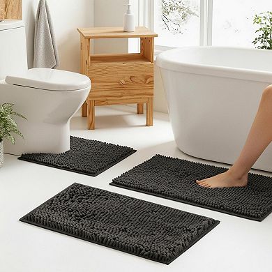 3 Piece Chenille Bathroom Rugs Set Non Slip Washable Absorbent Bath Mats