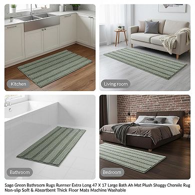 Sage Green Chenille Bathroom Rug Runner Plush Non Slip Absorbent Machine Washable