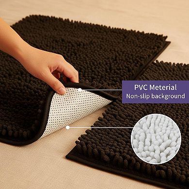 2 Piece Thick Chenille Bath Mats Set Soft Quick Dry Plush Absorbent Non Slip PVC Backing