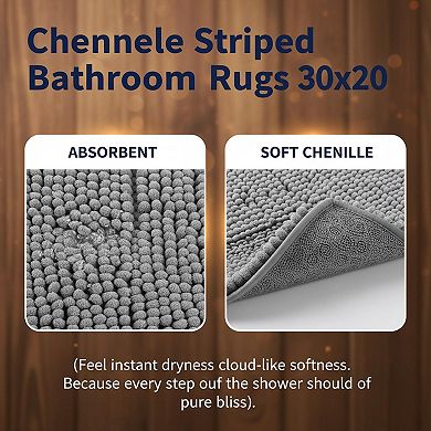 Chenille Striped Bathroom Rugs Extra Thick Soft Absorbent Rubber Backing Machine Wash Dry Bath Mats