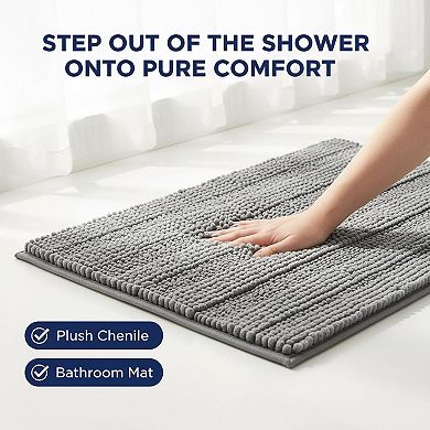 Chenille Striped Bathroom Rugs Extra Thick Soft Absorbent Rubber Backing Machine Wash Dry Bath Mats
