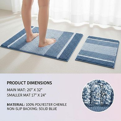 2 Piece Thick Absorbent Fluffy Chenille Bath Mat Set Non Slip Soft Shaggy Mats