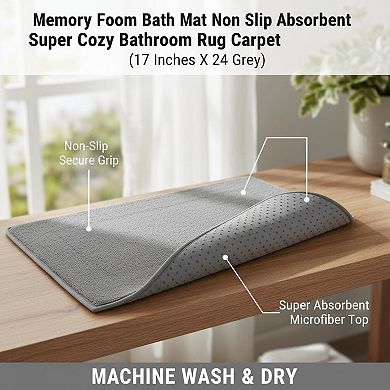 Memory Foam Bath Mat Non Slip Absorbent Quick Dry Cozy Bathroom Rug