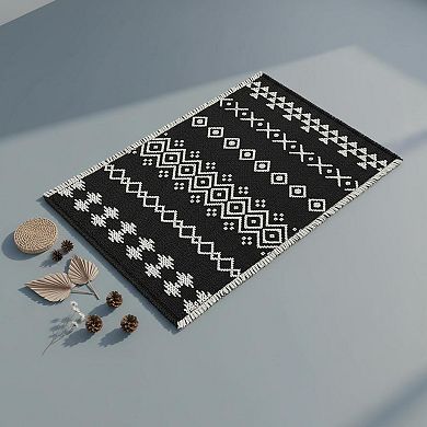 Boho Bath Mat Non Slip Pattern Tassels Absorbent Quick Dry Easy Care Multifunctional