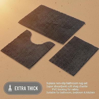 3 Piece Bathroom Rugs Set Non-slip Pvc Backing Super Absorbent Washable Plush Carpet