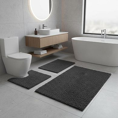 3 Piece Bathroom Rugs Set Non-slip Pvc Backing Super Absorbent Washable Plush Carpet