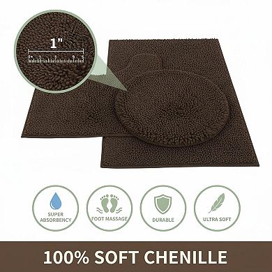 3 Piece Chenille Bath Rug Set Non Slip Absorbent Plush with U Shape Contour & Lid Cover