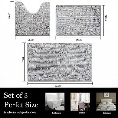 3 Piece Chenille Bath Mat Set Super Absorbent Non Slip Thick Plush Machine Washable Bathroom Rugs