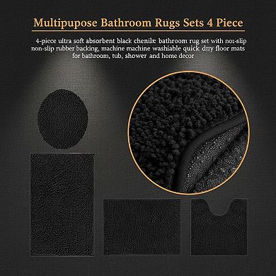 4 Piece Bathroom Rugs Set Extra Soft Chenille Non Slip Absorbent Quick Dry Machine Washable