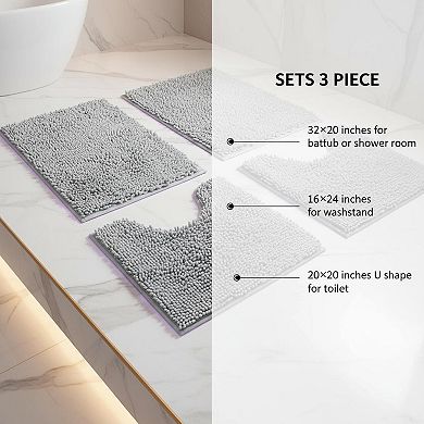 3 Piece Bathroom Rugs Set Extra Soft Thick Absorbent Non Slip Machine Washable Plush Mats