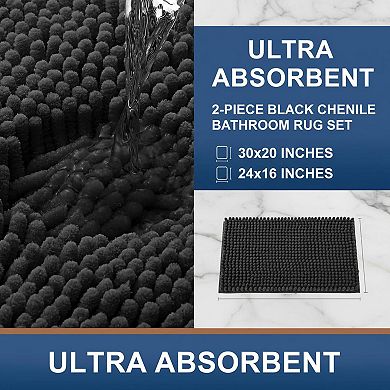 2 Piece Chenille Bath Rug Set Soft Absorbent Non Slip Machine Washable Shaggy