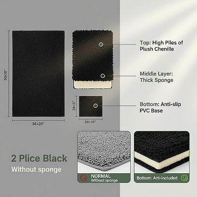 2 Piece Chenille Bath Rug Set Soft Absorbent Non Slip Machine Washable Shaggy