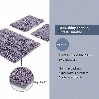 2 Piece Bathroom Rugs Set Shiny Butter Chenille Non Slip Water Absorbent Machine Washable