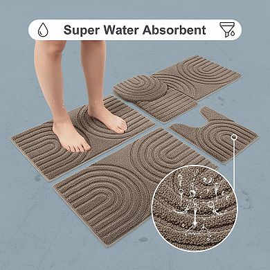 5 Piece Bathroom Rug Set Plush Absorbent Non Slip Machine Washable Toilet Cover Runner U Shaped