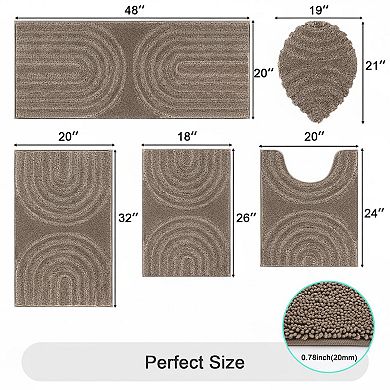 5 Piece Bathroom Rug Set Plush Absorbent Non Slip Machine Washable Toilet Cover Runner U Shaped