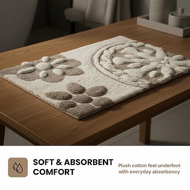 Cotton Tufted Bathroom Rug Medallion Floral Plush Absorbent Quick Dry Spa Shower Room Decor