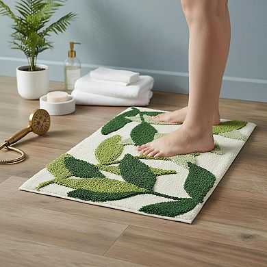 Green Leaves Bath Mat Non-slip Soft Microfiber Absorbent Machine Washable Boho Carpet Bathroom Tub