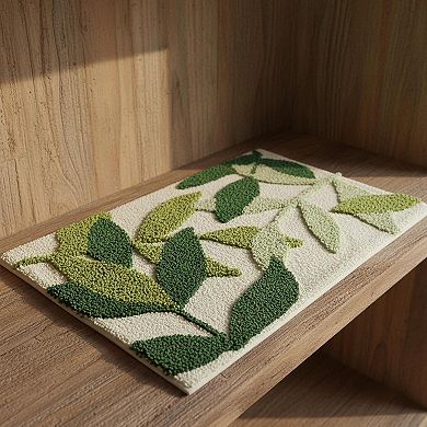 Green Leaves Bath Mat Non-slip Soft Microfiber Absorbent Machine Washable Boho Carpet Bathroom Tub