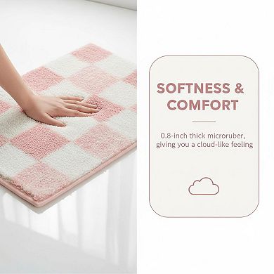Checkered Bathroom Rug Fluffy Microfiber Absorbent Non Slip Washable