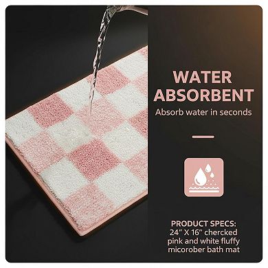 Checkered Bathroom Rug Fluffy Microfiber Absorbent Non Slip Washable