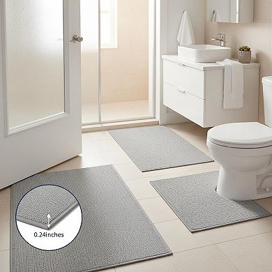 Gray 3-Piece Bathroom Rugs Set: Quick Dry Thin Non Slip Bath Mat, Runner, Toilet Rug