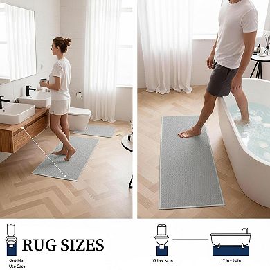 Gray 3-Piece Bathroom Rugs Set: Quick Dry Thin Non Slip Bath Mat, Runner, Toilet Rug