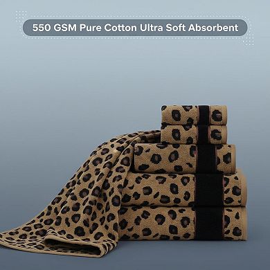 6 Piece Leopard Safari Jacquard Towel Set (2 Bath,2 Hand,2 Washcloth) Soft Absorbent Decorative